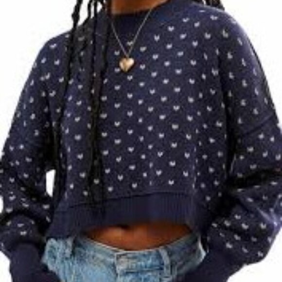 Free People Easy Street Cropped Crew Neck Sweater Navy Patterned – Size M – NWT - Picture 4 of 10